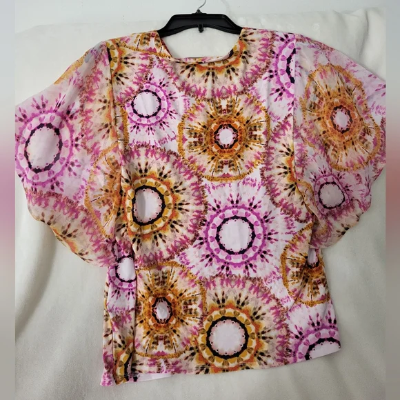JM Collection Pink and Orange Patterned Blouse - Picture 7 of 8